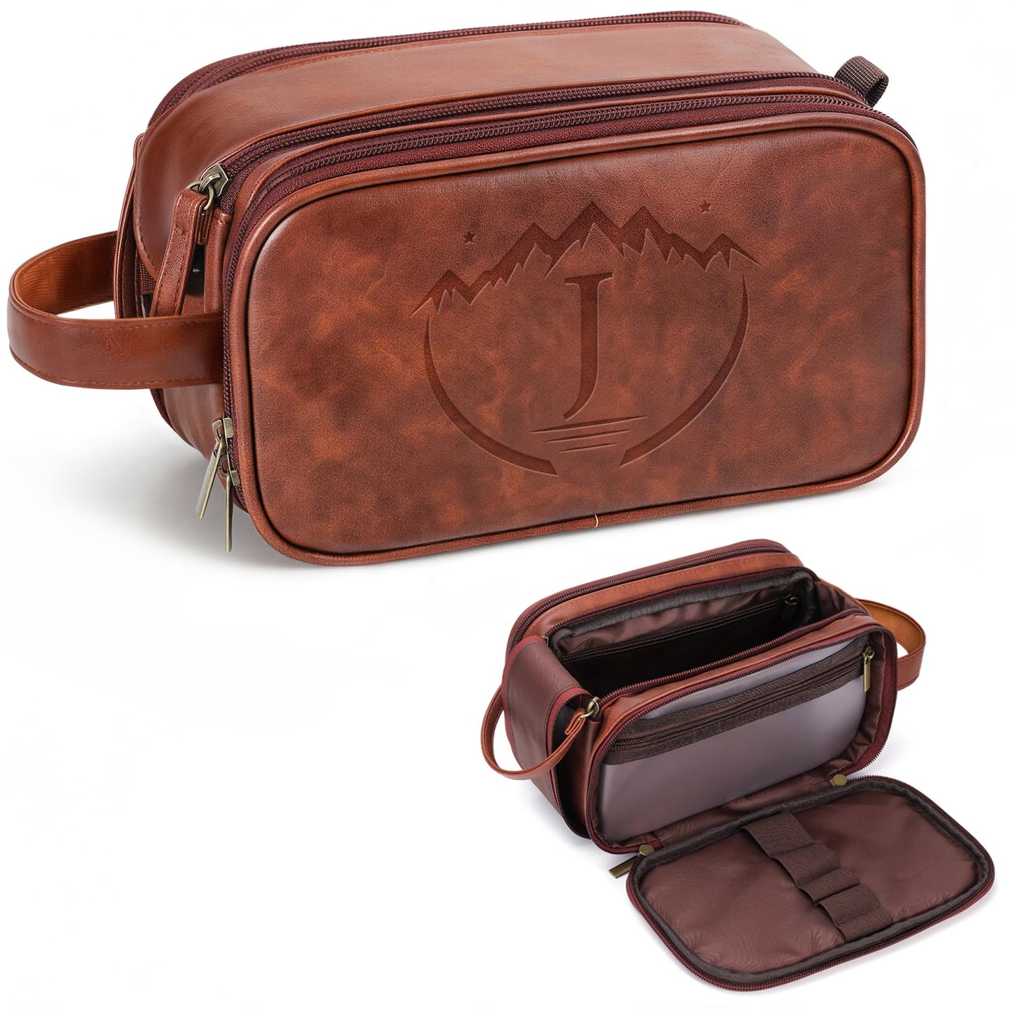 Ecttunafe Engraved Father Day Gifts Toiletry Bag for Men Dad Husband, Custom Initial PU Leather Waterproof Toiletry Organizer Dop Kit Shaving Bag Travel Essentials, Large, Durable, Brown,J