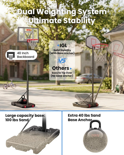 IGL Portable Basketball Hoop Outdoor, 3-10ft Adjustable Height, 40" Shatterproof Backboard, Fillable Base, Basketball Goal System for Driveway Backyard Pool, Fun for Family & All Ages