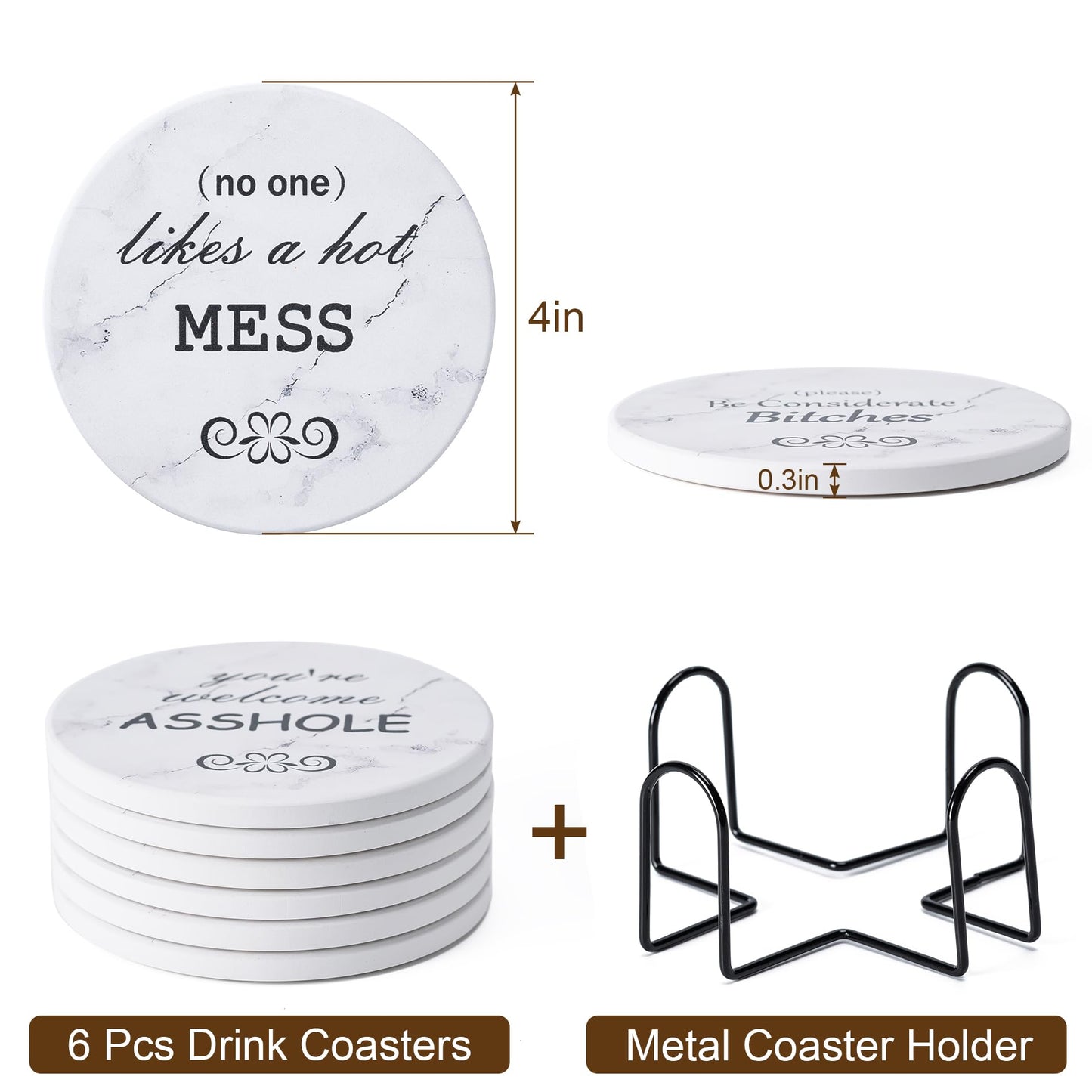 Hoewina 6Pcs Drink Coasters with Holder, Marble Style Ceramic Drink Coaster, Absorbent Coasters Set Suitable for Kinds of Cups, Modern Style Coasters for Coffee Table, 4 Inches（Style 10）