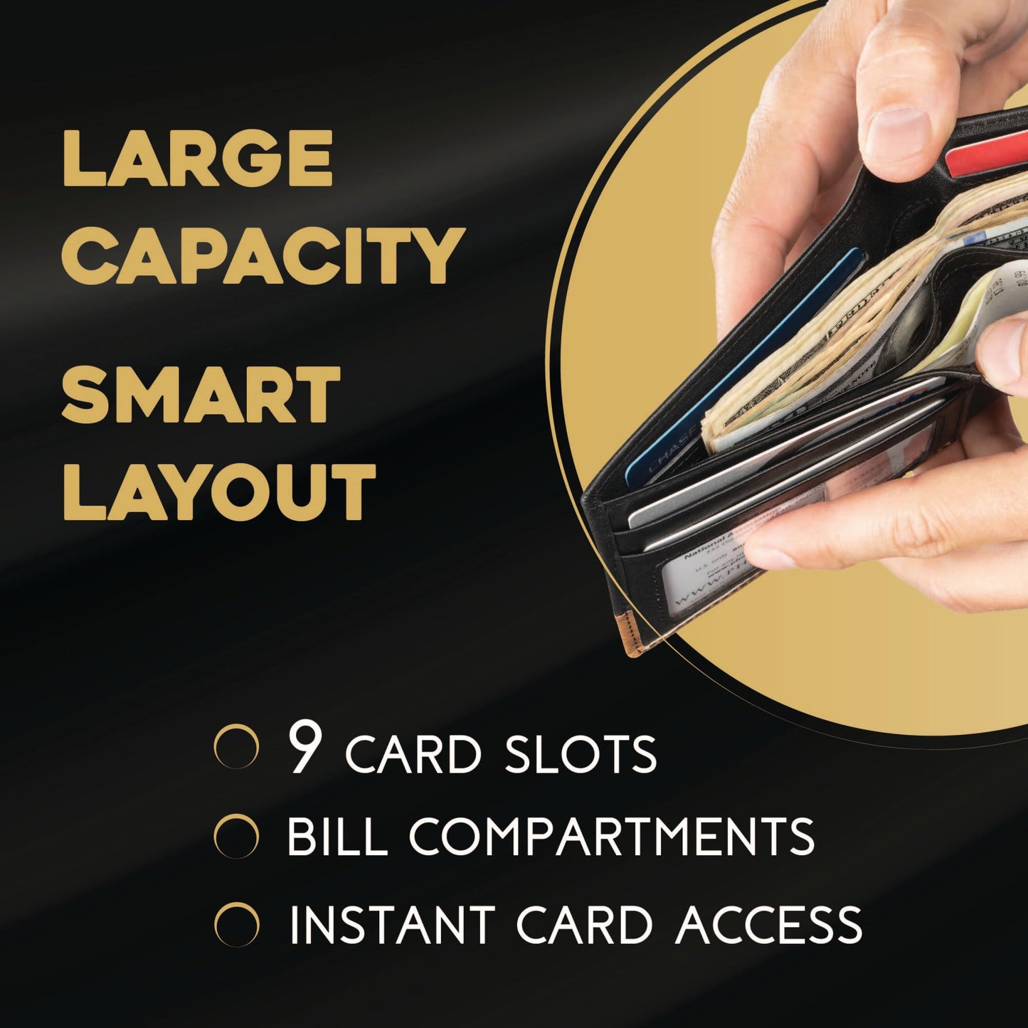 Claasico Mens Leather Bifold Wallet – RFID Blocking, Organized Card Storage with 9 Total Card Slots & ID Window, Everyday Wallet for Men (3.5 x 4.5), Premium Top Grain Leather, Gift Box Included…