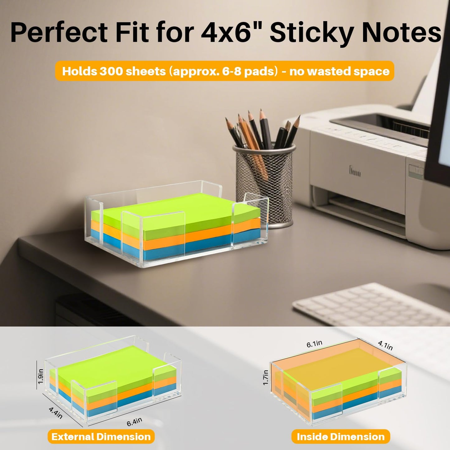 Yncotte Acrylic Sticky Note Holder, 4x6 Inch Clear Dual Notepad Holder Dispenser with Triple Openings Non-Slip Rubber, Sticky Note Dispenser Memo Holder Case for Desk Office School Supplies(No Pads)