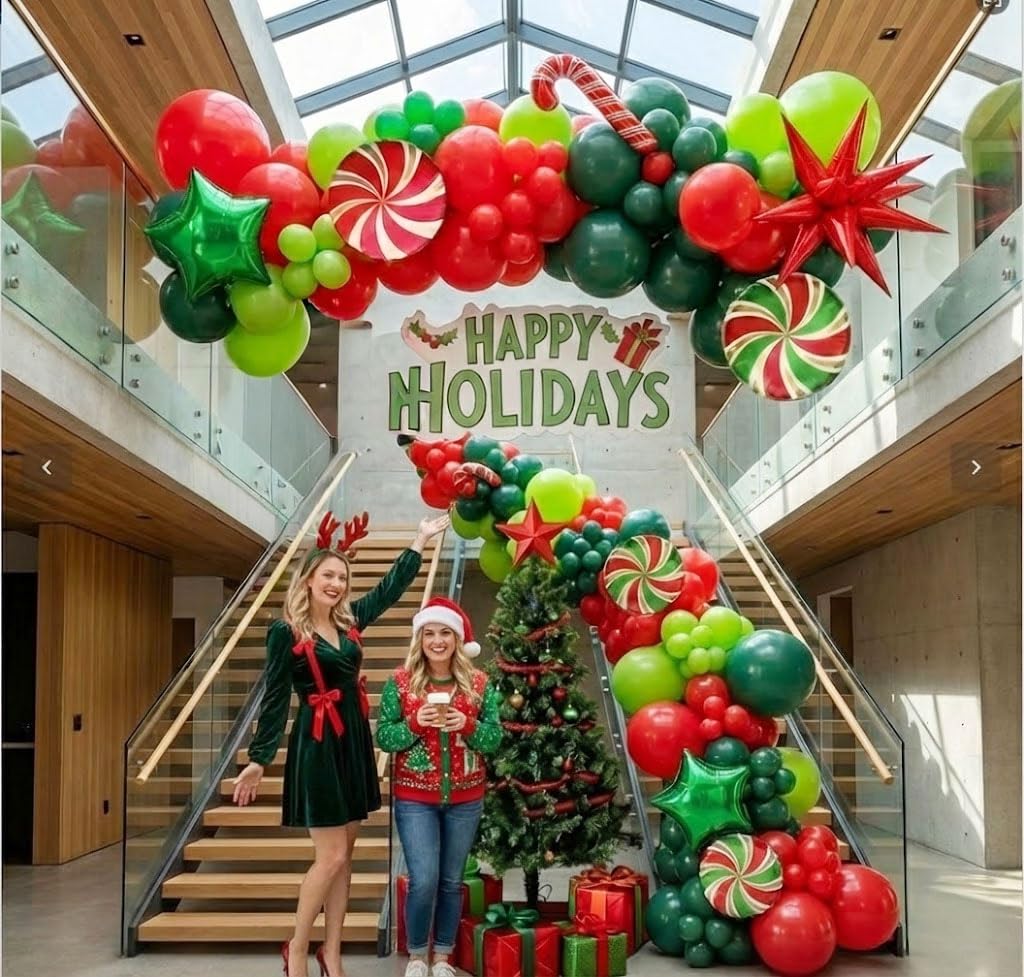 Christmas Party Decorations with Red Green Balloon garland arch Kit & small Candy cane Star Lollipop foil balloons for Kids Naughty Cartoon Birthday friendsmas Xmas Party Decorations (Red Green)