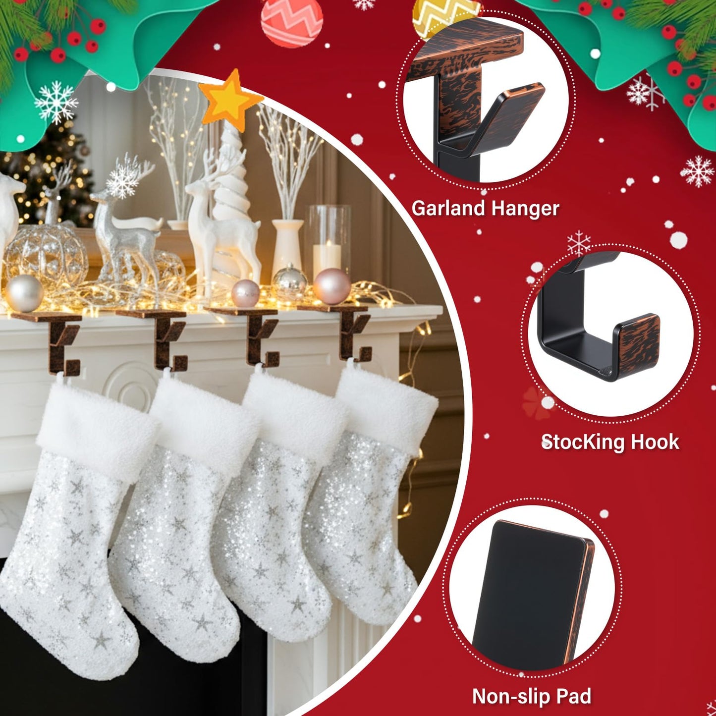 Chunful 2 Pcs 2 in 1 Fireplace Garland and Stocking Hangers Christmas Stocking Holder for Mantel Heavy Duty Metal Stocking Hanger Base for Fireplace Holiday Xmas Party Decor (Bronze)