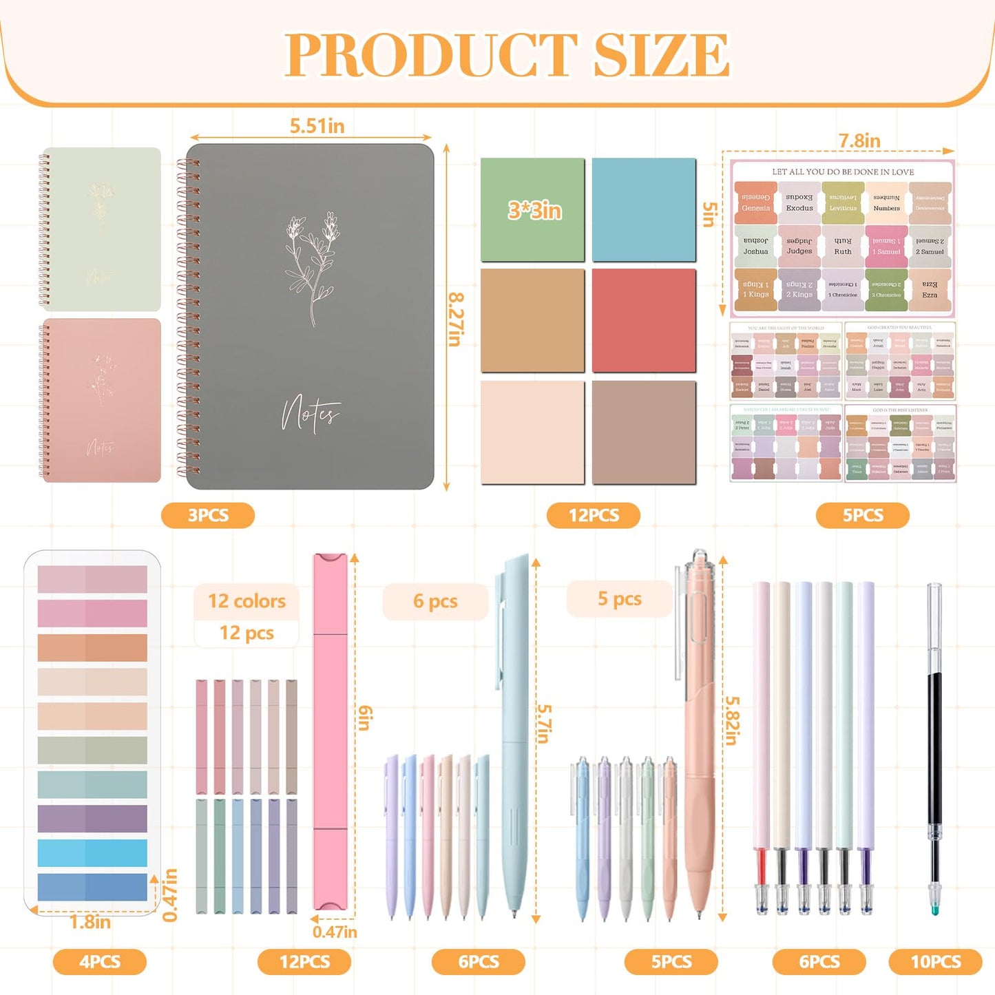 Resurhang 64pcs Bible Journaling & Note-taking Kit-includes 3pcs A5 Notebooks, Bible Tabs, Index Stickers, Sticky Notes, Gel Pens, Highlighters & Markers for Study, Worship, Sermon & Daily Planning