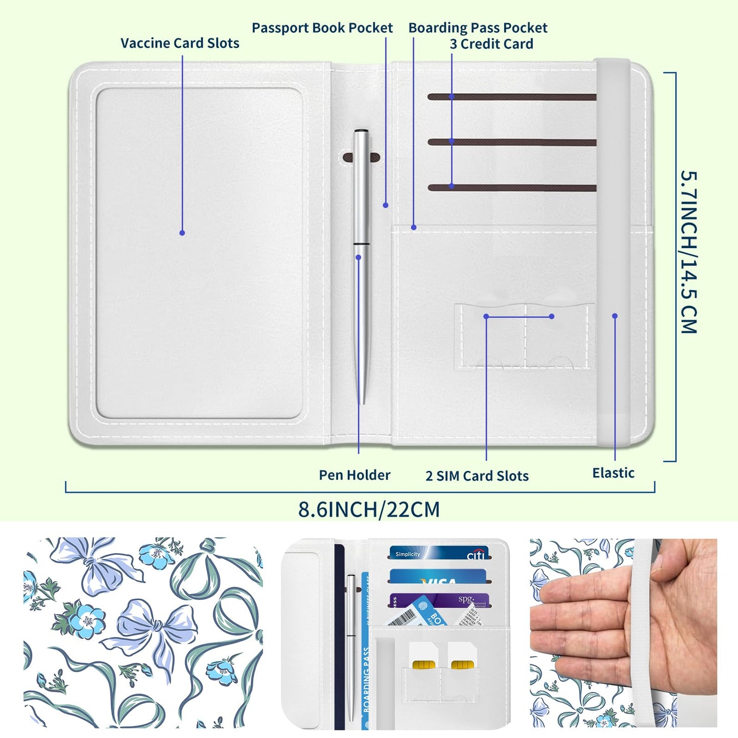 NUGGHU Passport Holder for Travel Essentials, Leather RFID Blocking Passport Wallet Cover Case, Cute Passport Book Holders for Women and Men Blue Bowtie