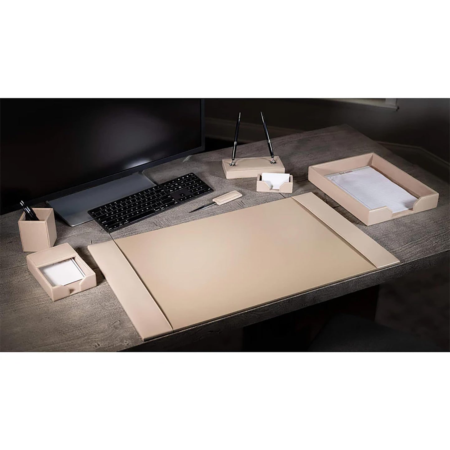 Dacasso Bonded Set Luxury Leather Desk Pad & Desk Organization Essentials, 7 Piece, White Latte