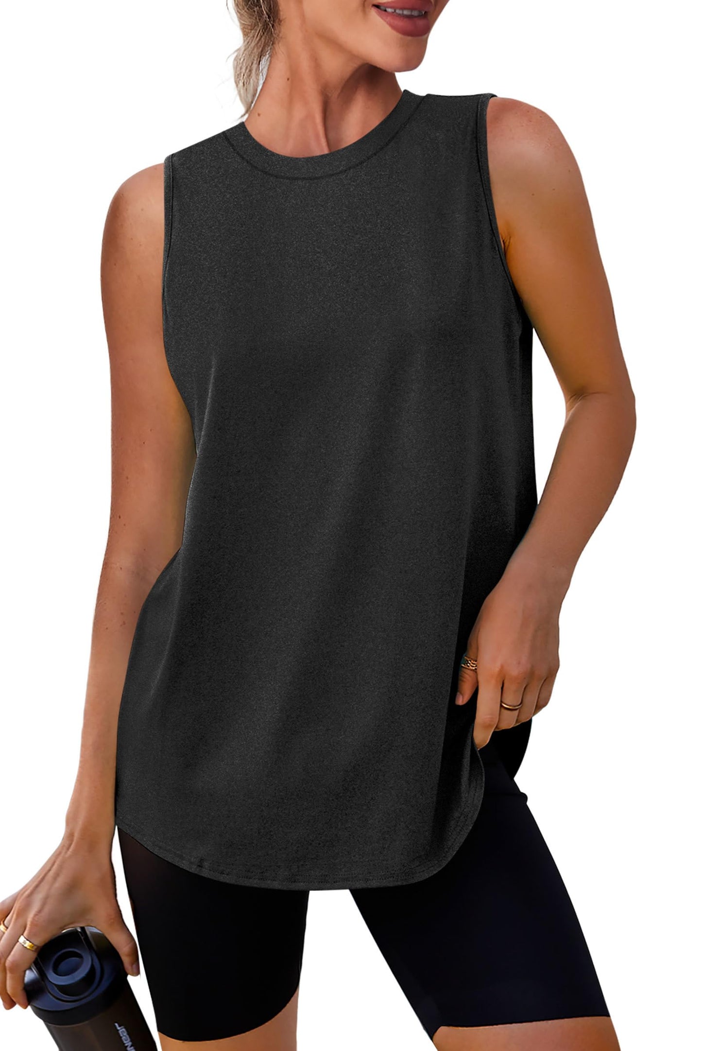 Women's Workout Tops Crew Neck Athletic Tank Tops Sleeveless Loose Fit Yoga Running Gym Shirts for Women Black L