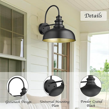 Bestshared Gooseneck Barn Light 14 Inch Dome Farmhouse Outdoor Wall Sconce,Exterior Wall Mount Lighting Fixture Outdoor Lantern Lamp for Front Door, Entryway,Patio,Garage (Black+ Gold, 14” Dome-2Pack)