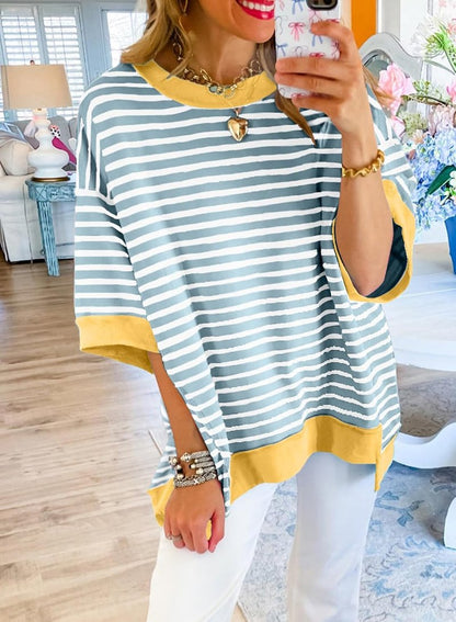 Casual Women's Striped Sweatshirt - Short Sleeve Crewneck Pullover T-Shirt | Loose Fit Blouse