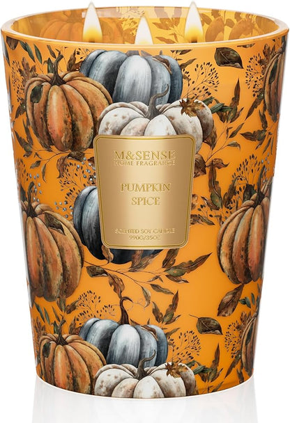 M&SENSE Pumpkin Spice Scented Candle, 3 Wick 35oz 150H Long Lasting Soy Candles, Fall Scent Unique Halloween Thanksgiving Gifts Home Decor