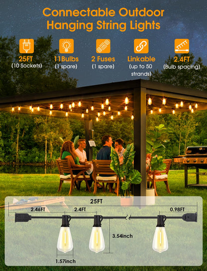 Larkvue 25FT Outdoor String Lights, Patio Lights with 10+1 LED Dimmable Waterproof Shatterproof ST38 Retro Edison 2700K Bulbs for Balcony Yard, Black