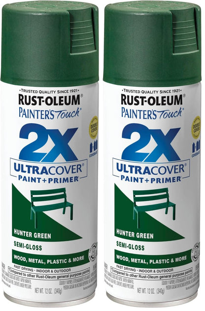 Rust-Oleum 249853 Painter's Touch 2X Ultra Cover Spray Paint, 12 oz, Semi-Gloss Hunter Green (Pack of 2)