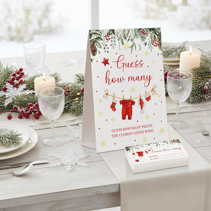 Lerheedi Christmas Guess How Many Baby Shower Game Pack of 1 Tabletop Sign with Stand and 50 How Many Cards, Christmas Gender Reveal Party Game Decorations(Santa)