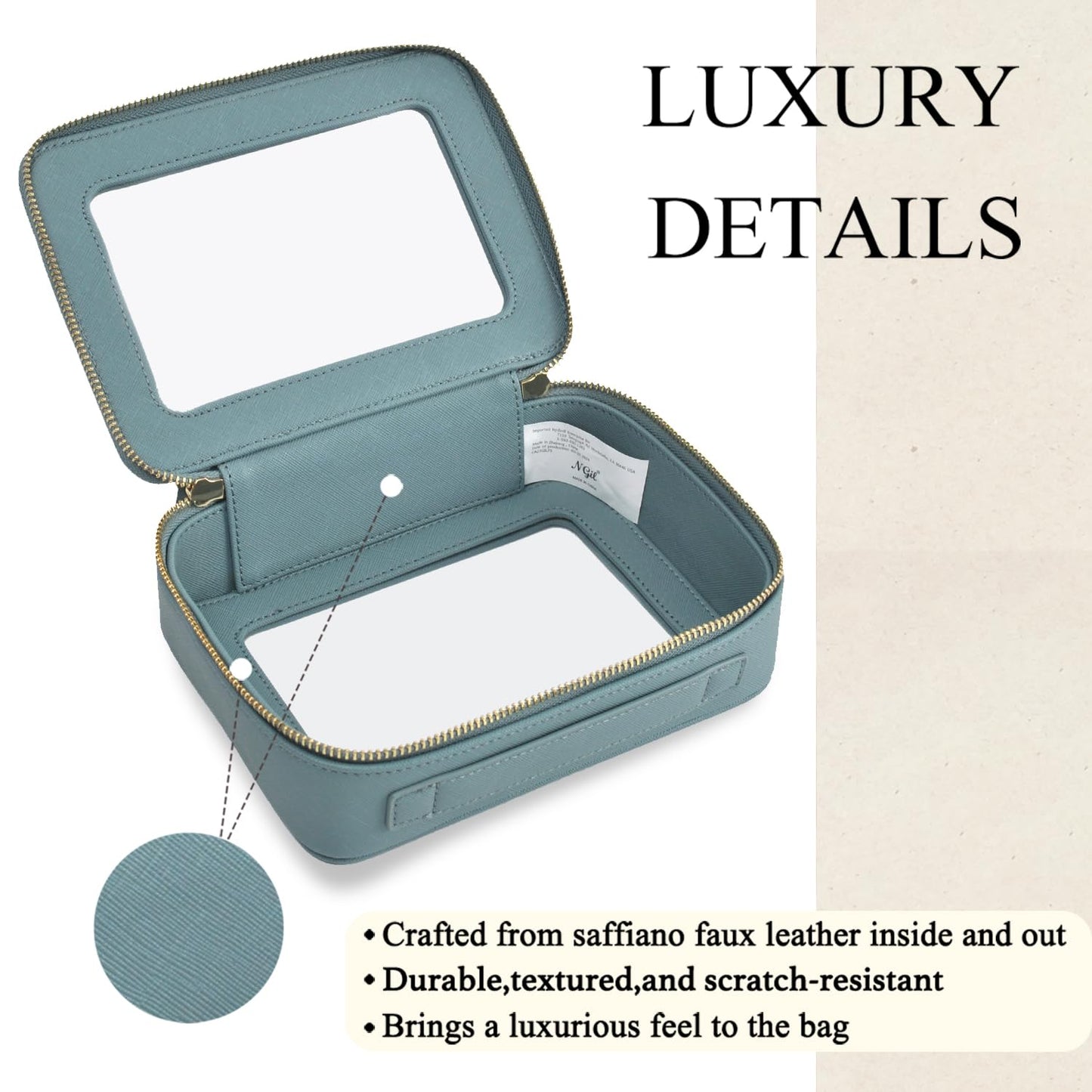 NGIL Clear Faux Leather Travel Toiletry Bag, Makeup Bag Organizer for Women, Clear Window & Gold Zipper Makeup Bag, Road Trip Essential, Skincare, Cruise Ship Essentials (Blue)