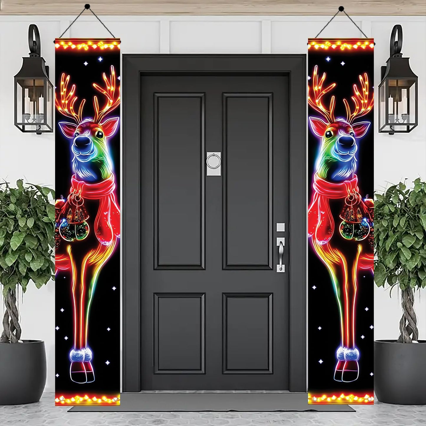 Saoplasa 2PCS Christmas Porch Banners 71 x 12 Inch Neon Reindeer Holiday Door Decorations LED Style Lighted Outdoor Hanging Signs for Xmas Party Front Entryway Yard Wall Festive Winter Welcome Display