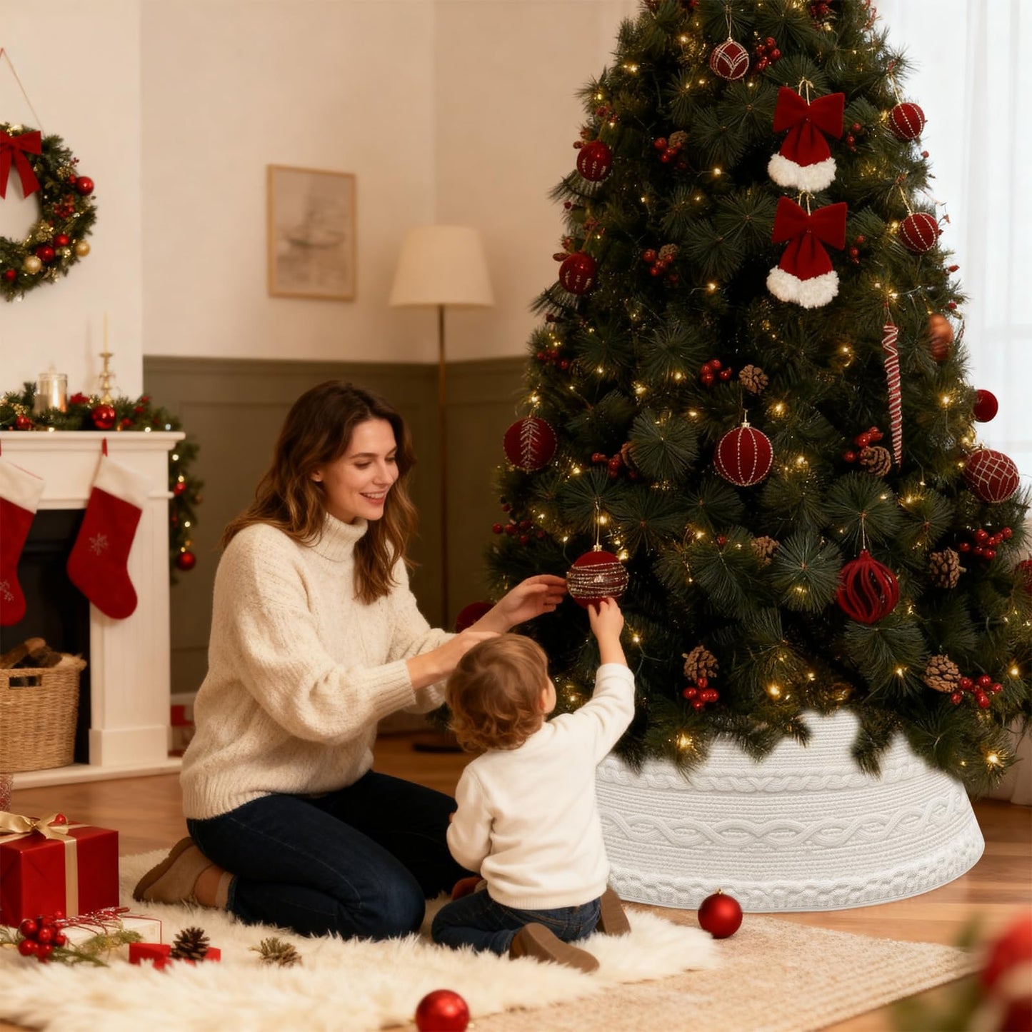 OurWarm 28 inch Christmas Tree Collar, Knit Cream White Christmas Tree Collars for Artificial Trees, Adjustable Tree Skirt Collar Base for 6ft 7.5ft 9ft Trees Holiday Home Indoor Xmas Tree Decoration