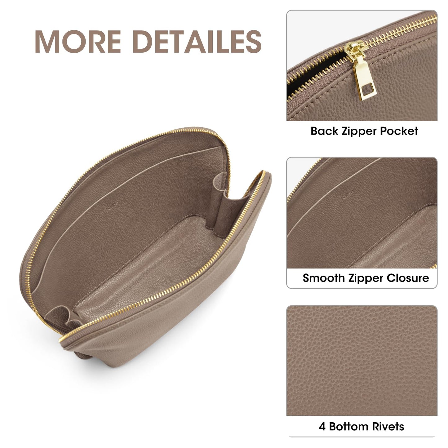 Kattee Leather Makeup Bag, Travel Cosmetic Bag Set, Toiletry Bag Organizer for Women, 2-PACK, Khaki