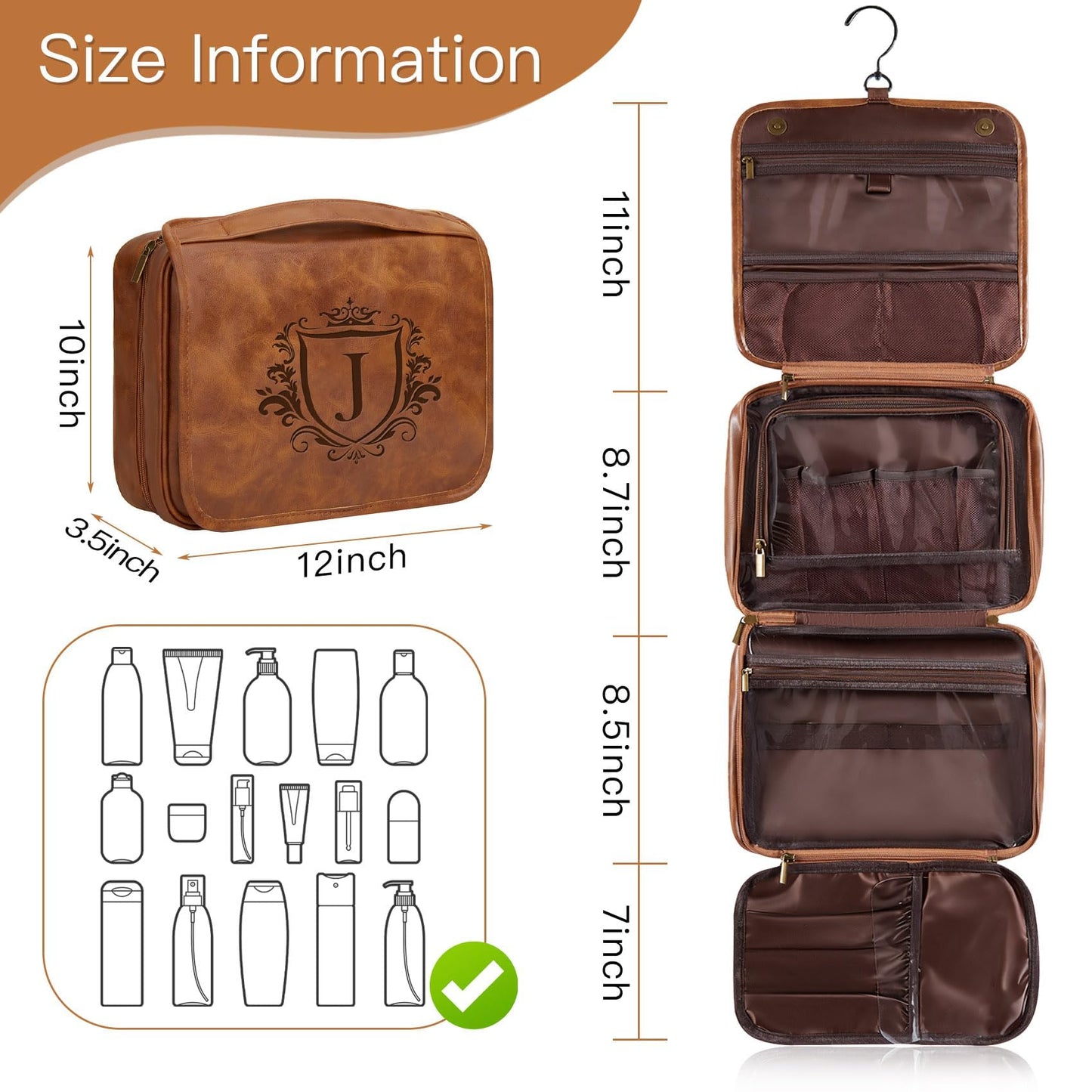 Aganmi Personalized Hanging Toiletry Bag Travel Gifts for Men Him, 3-in-1 Large Laser-Engraved Initial Waterproof PU Leather Shaving Bag Valentines Birthday Gift for Men Dad Husband Light Brown M