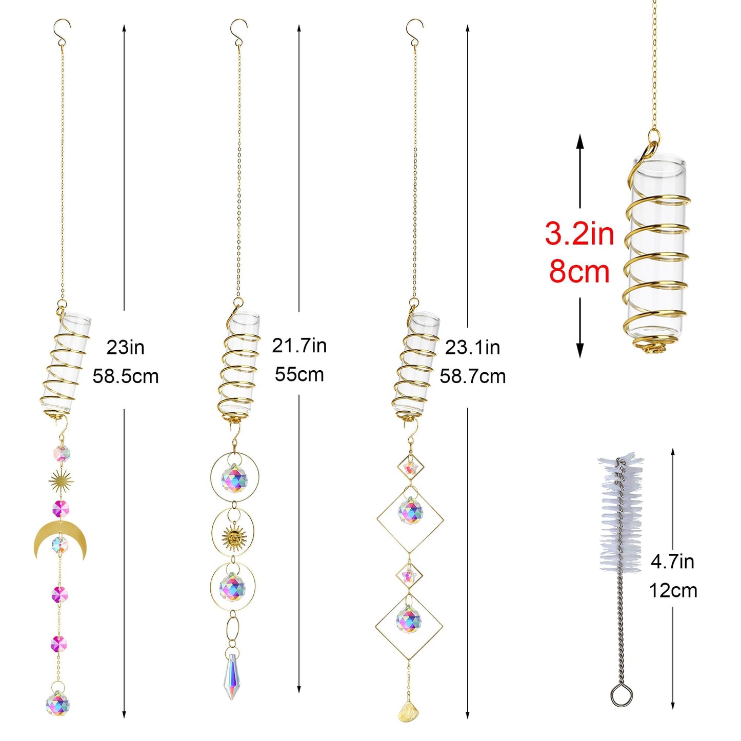 HDCRYSTALGIFTS 3pcs Crystal Suncatchers with Plant Propagation Tubes for Window Wall Hanging, Mini Flower Vase Glass Planter Stations for Hydroponics Home Garden Office Decoration Plant Lover Gift