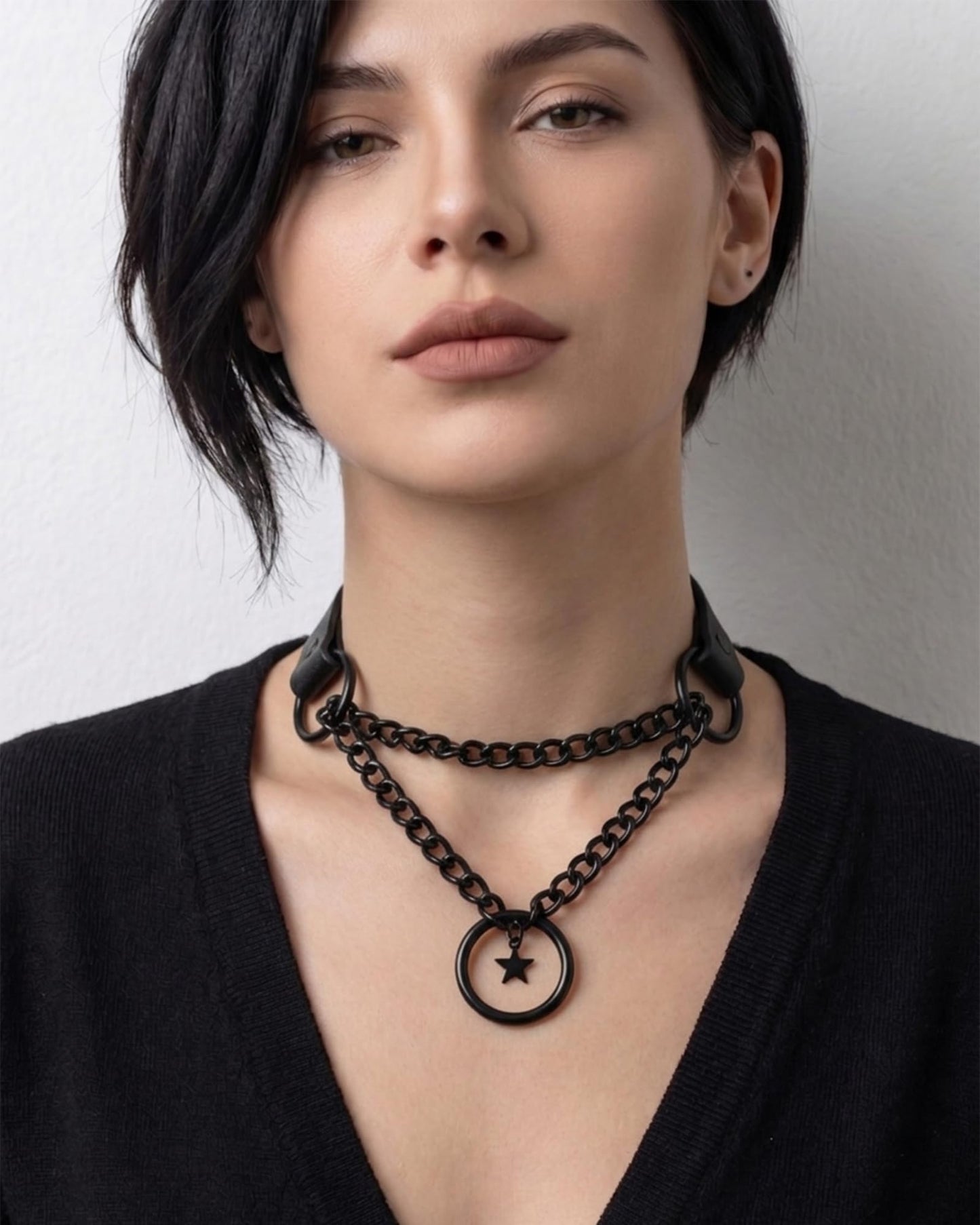 rgwtgkyh Black Gothic Star O-Ring Choker Necklace for Women Stainless Steel Leather Chain Punk Grunge Emo Alternative Statement Jewelry Gift