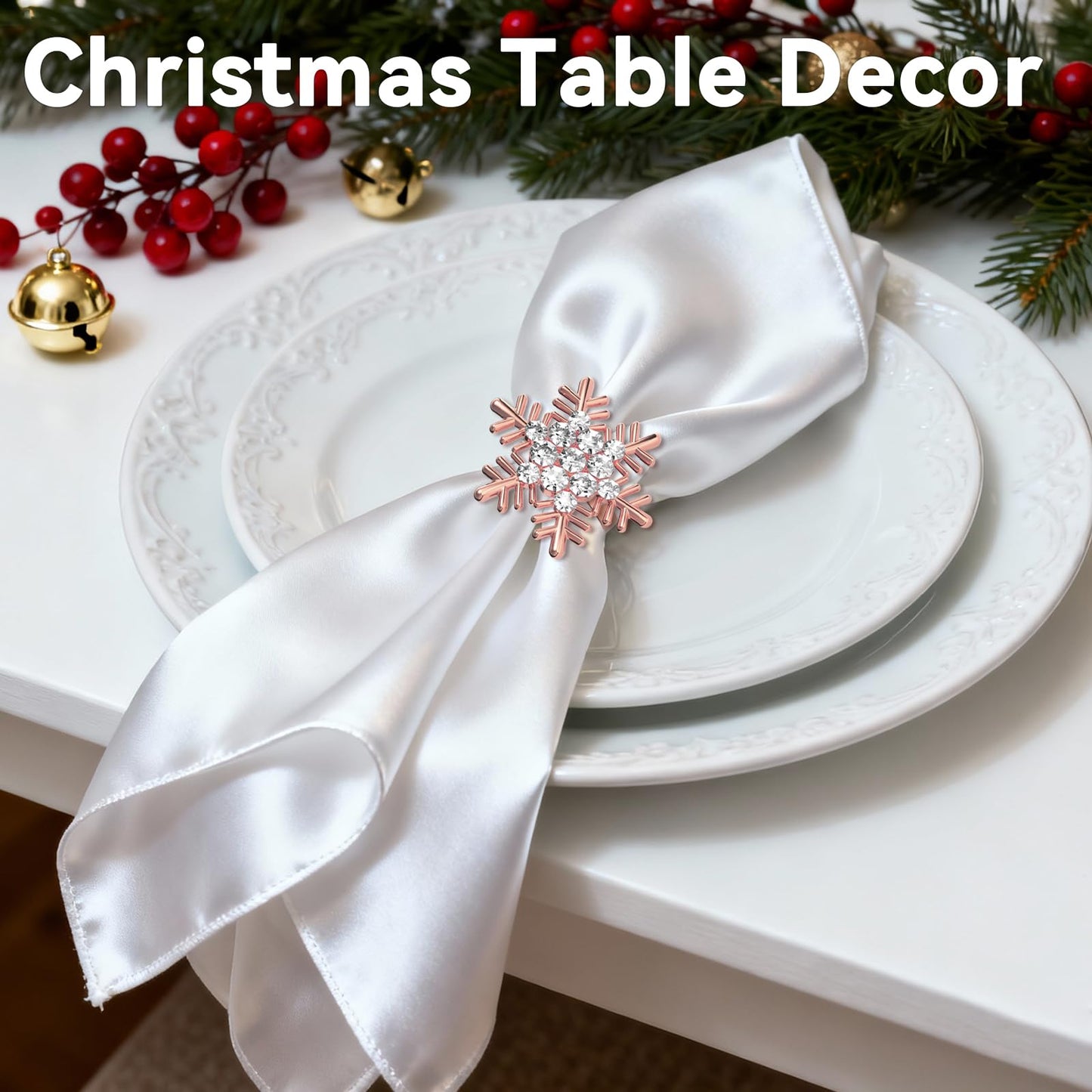 ZeeDix Christmas Snowflake Napkin Rings Set of 12- Rose Gold Rustic Dinner Tables Setting Decoration for Wedding Receptions, Christmas Holiday Party Dinner Parties