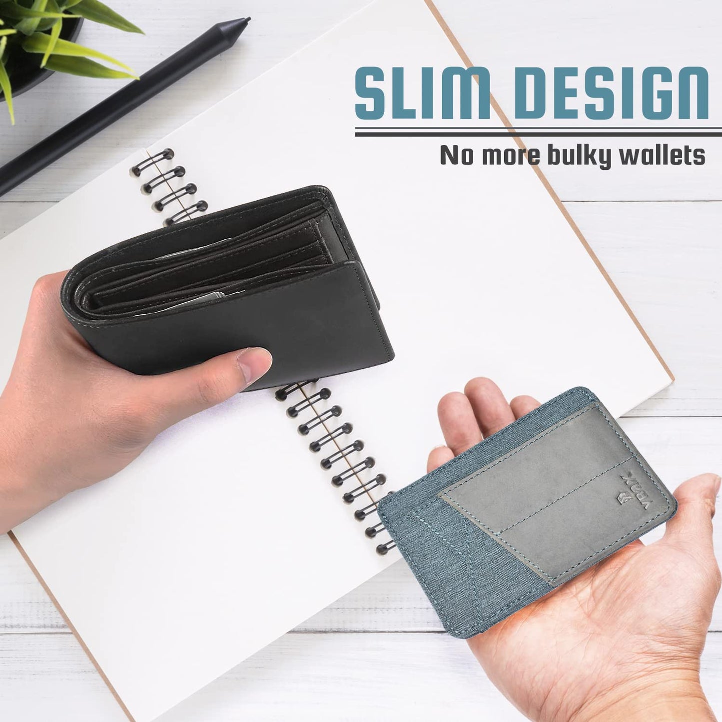 VBAX RFID Slim Wallet for Men Women, 8 Card Slot Leather Minimalist Front Pocket Credit Card Holders, Grey Canvas