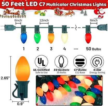 50 Feet C7 LED Christmas Lights Outdoor Multicolor Christmas Lights with 50 + 5 LED C7 Bulbs - for Holiday Xmas Decorations - Light Up House Stairs Porch Tree Yard Decor, Energy Efficient 0.6W = 7W