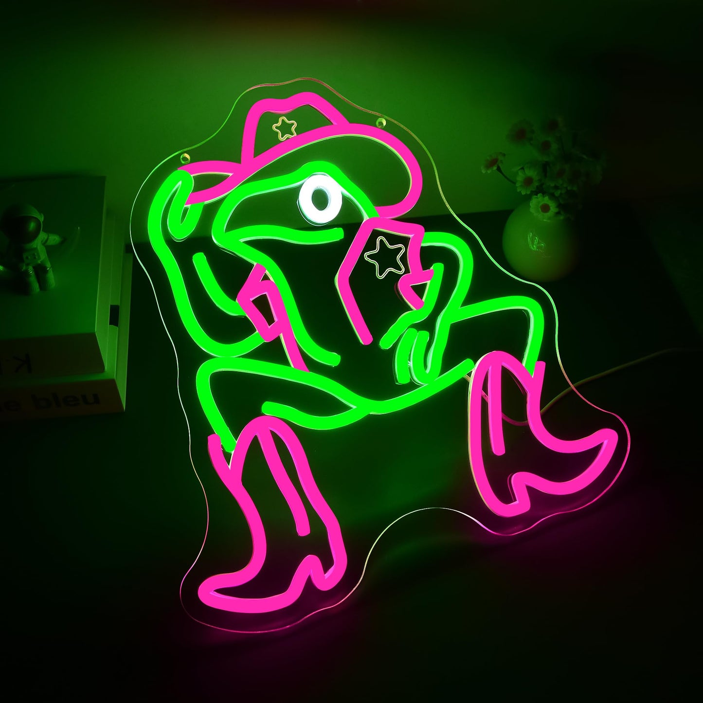 Cowboy Frog Neon Sign for Wall Decor Cartoon Frog Neon Light Dimmable Cool Anime LED Light Up Sign for Bedroom Game Room Party Bar Store Man Cave Birthday Gifts Size 13.8 * 12.9inches9(TWP333)