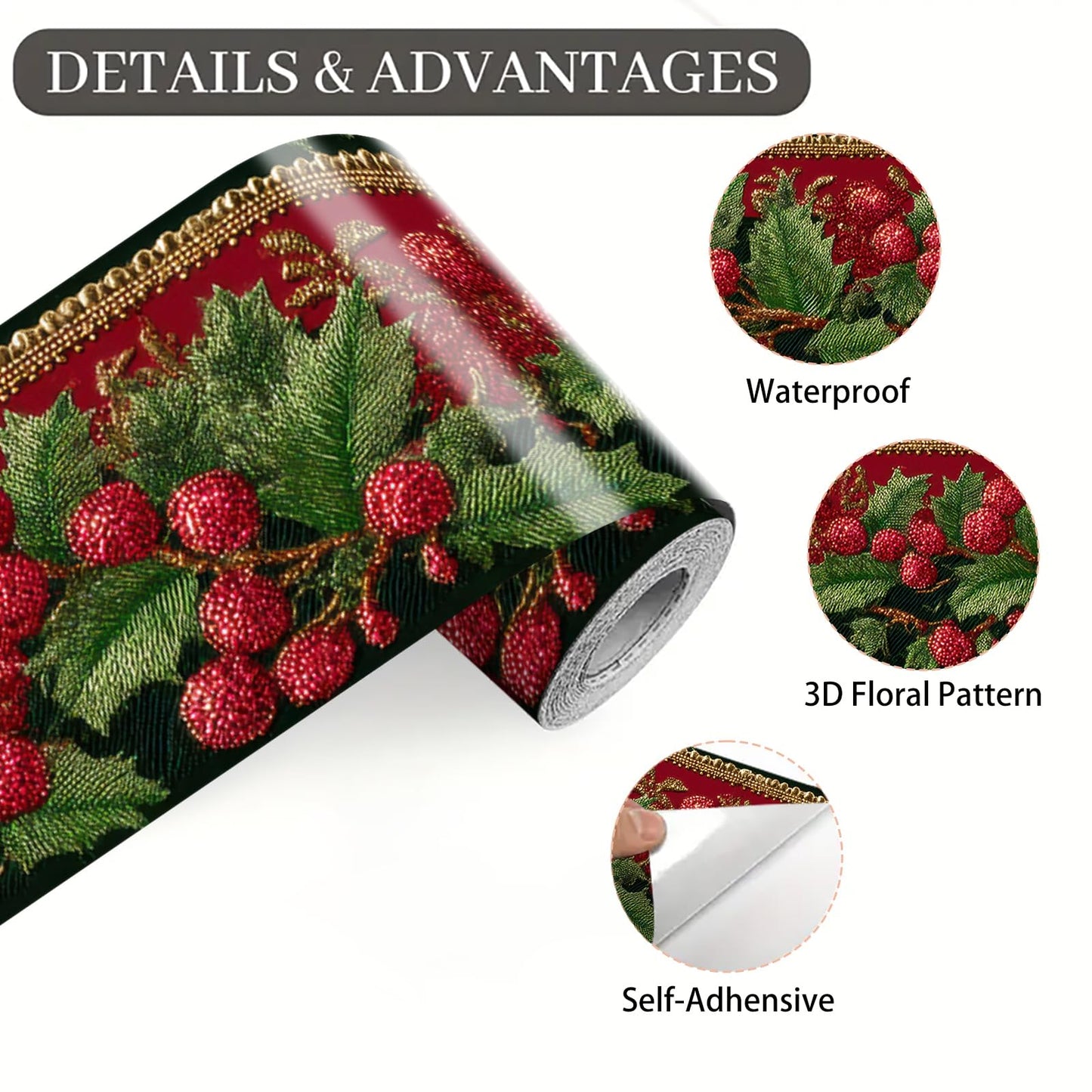 IOHEFY Christmas Red Berry Wallpaper Border 196x4 Inch Peel and Stick Wall Border Self Adhesive Holiday Green Leaf Removable Vinyl Trim for Living Room Bedroom Bathroom Kitchen Cabinet Decoration