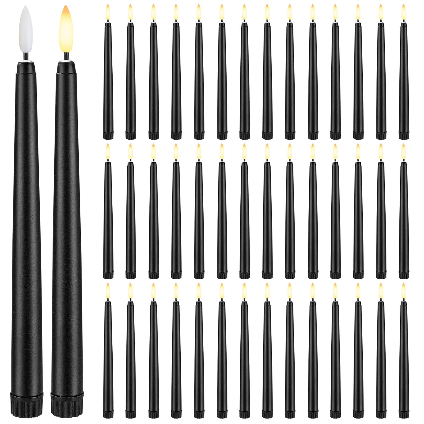Baquler 50 Pcs Black Flameless Taper Candles 8.5 Inch, Battery Operated Taper Candles LED Warm 3D Wick Flickering Candlesticks for Church Wedding Home Decor Halloween Christmas Hanukkah New Year