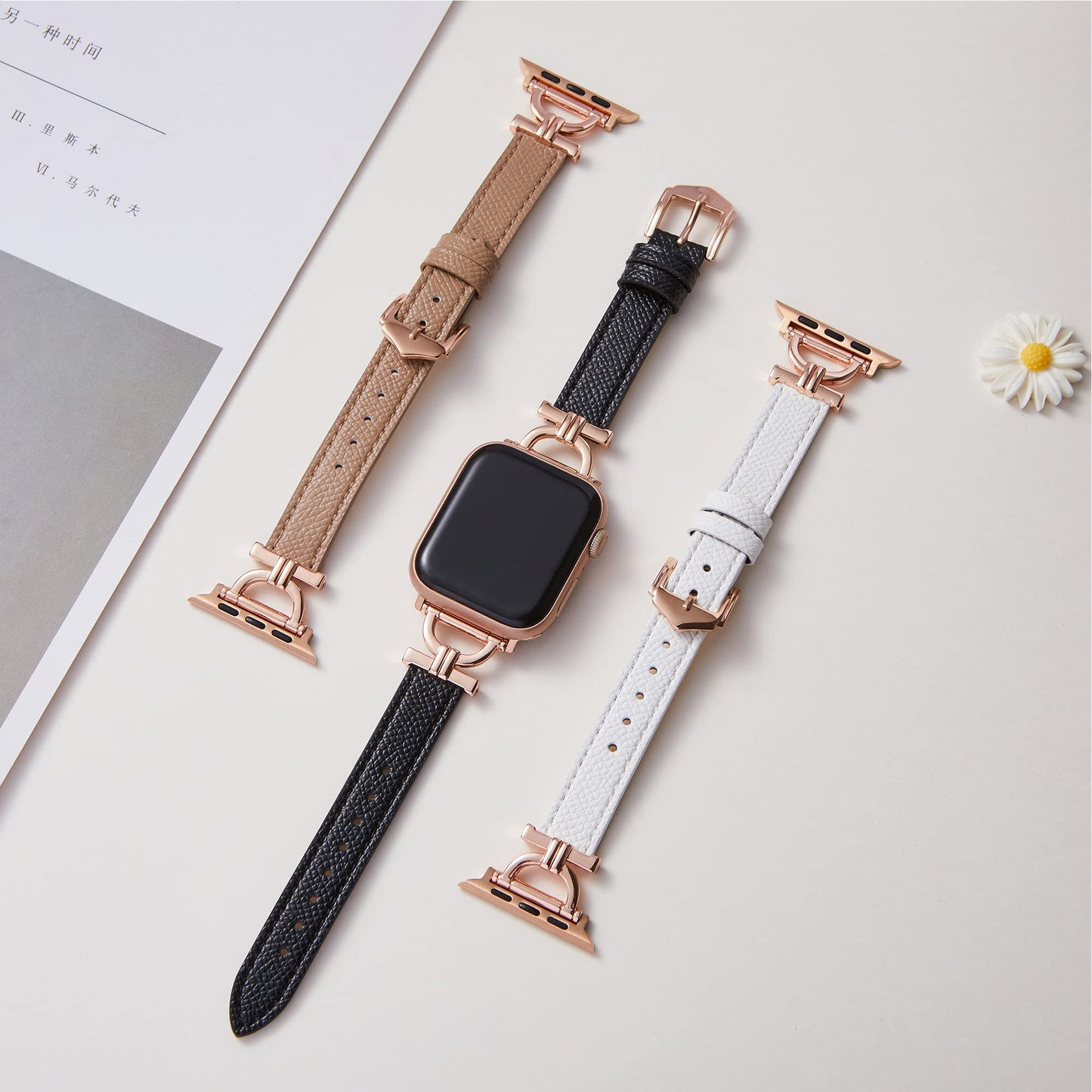 Osber Genuine Leather Band Compatible with Apple Watch Women 38mm 40mm 41mm 42mm(S11/S10), Designer Slim Leather Strap with D-Shape Gold Metal Buckle for iWatch Series 11 10 9 8 SE 7 6 5 4 3 2 1, Black