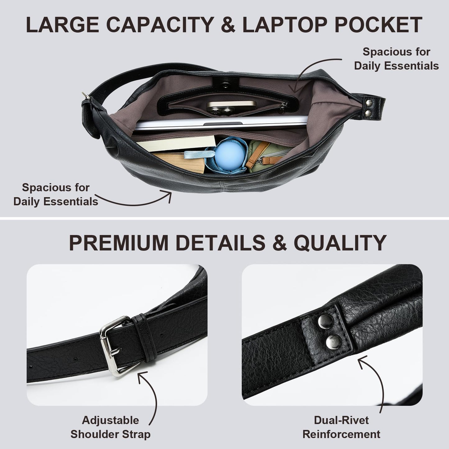 Hobo Bag for Women, Soft Vegan Leather Slouchy Shoulder Tote Purse with Matching Pouch, Adjustable Strap & Magnetic Closure Black