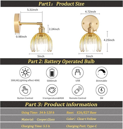 Vintage 5000 mAh Battery Operated Wall Sconce with Yellow Clear Tulip Gradient Glass Lampshade Rechargeable Battery Powered Wall Light with Remote Control for Bedroom, Set of 2