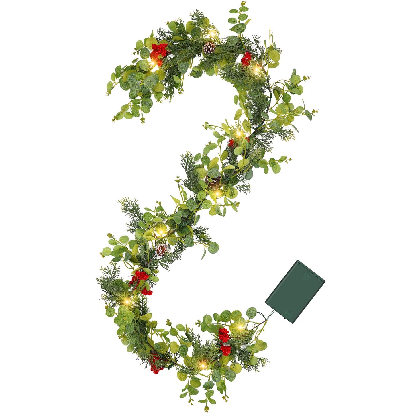 6FT Prelit Christmas Garland with Lights, Realistic Eucalyptus Garland with Artificial Cedar Cypress Leaves Red Berries Pine Cone Greenery Xmas Garland for Mantle Stair Railing Fireplace Decoroation