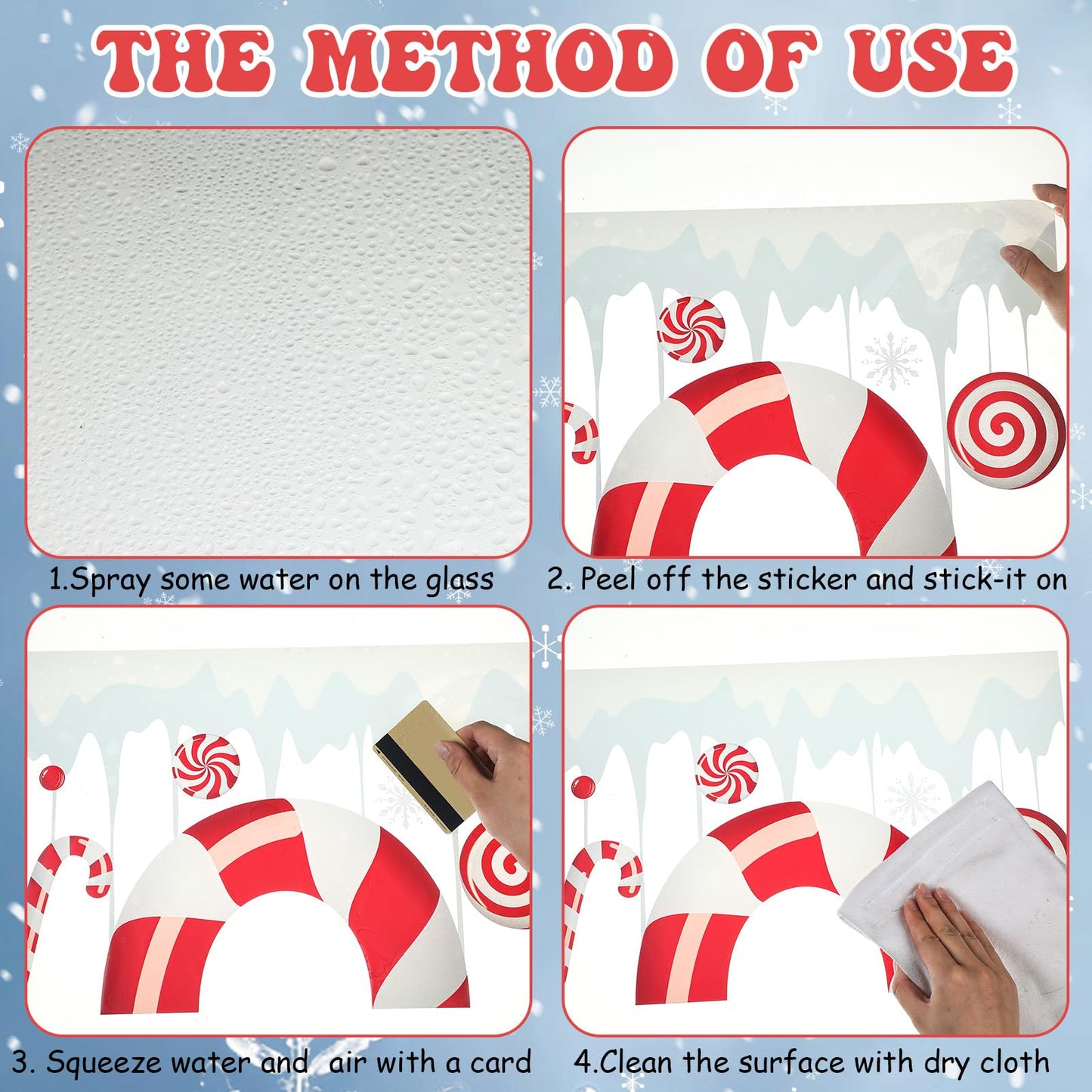 Solsew 3 Sheet 35.4 x 11.4 Inch Extra Large Christmas Candy Cane Window Clings with Snowflake and Ice Stereo Candy Snowflakes Christmas Window Stickers for Xmas Home Office Decor Winter Decoration