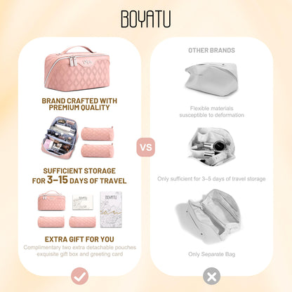 BOYATU Travel Makeup Bag for Women: Large Capacity 3-Piece Quilted Cosmetic & Toiletry Organizer - 2 Detachable Pouches Expand Storage by 50%, Open Flat for Easy Packing, Waterproof PU Leather(Pink)