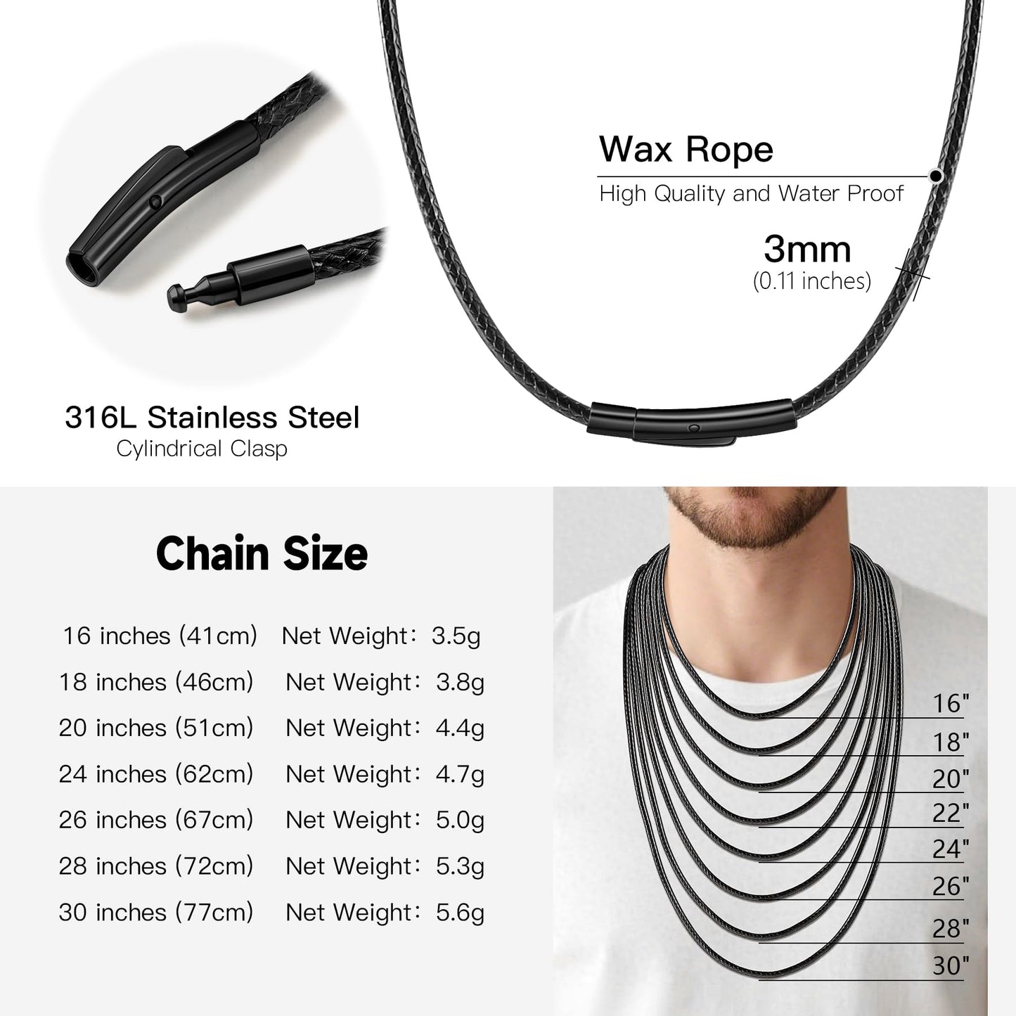 Oaldilee 3MM Black Leather Cord Necklace, 24 Inches String Wax Rope Black Chain Necklaces with Black Clasp