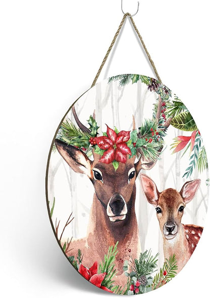 Deer Xmas Door Hanger Holly Tree Flowers Sign for Front Door Winter Deer Floral Hanging Porch Christma Decorations for Outdoor