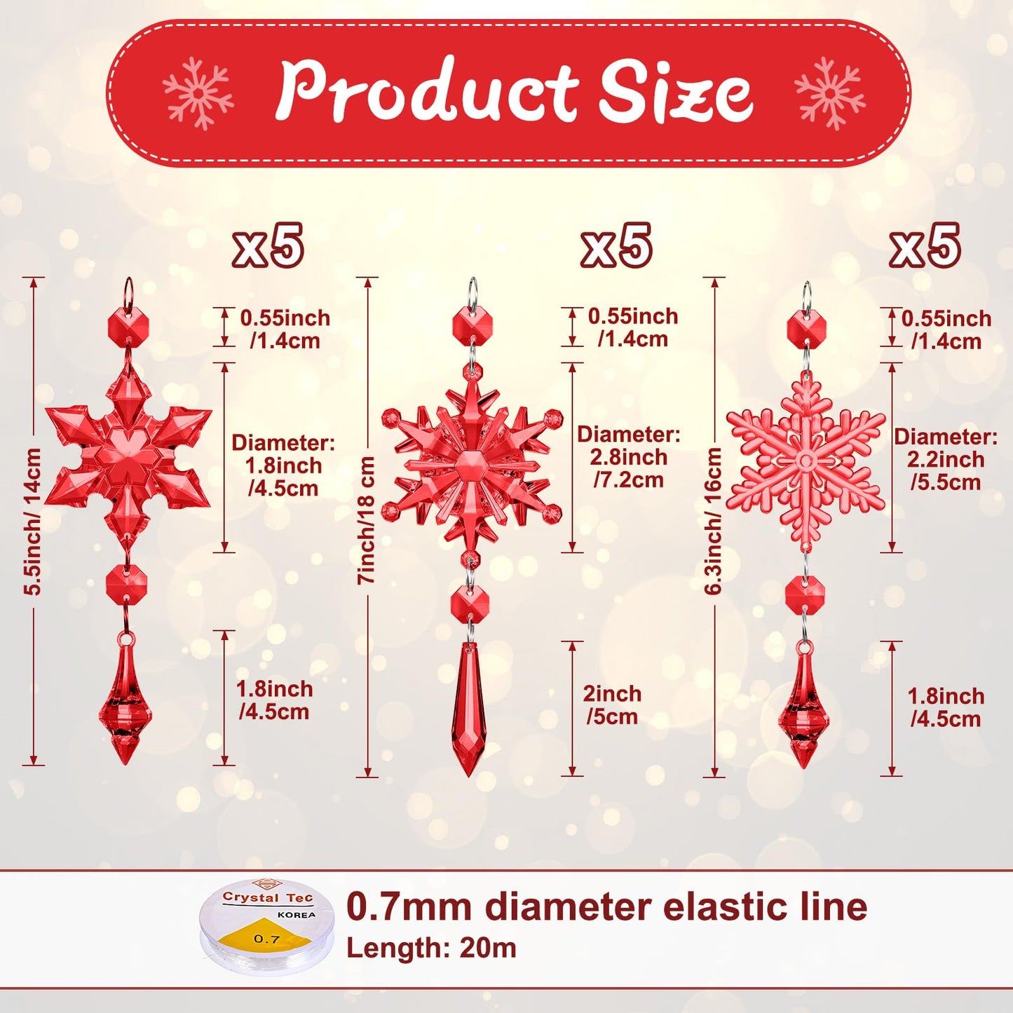 Boao Red 15 Pcs Crystal Snowflake Ornaments for Winter Acrylic Snowflake Decorations Wonderland for Party Favor Celebration