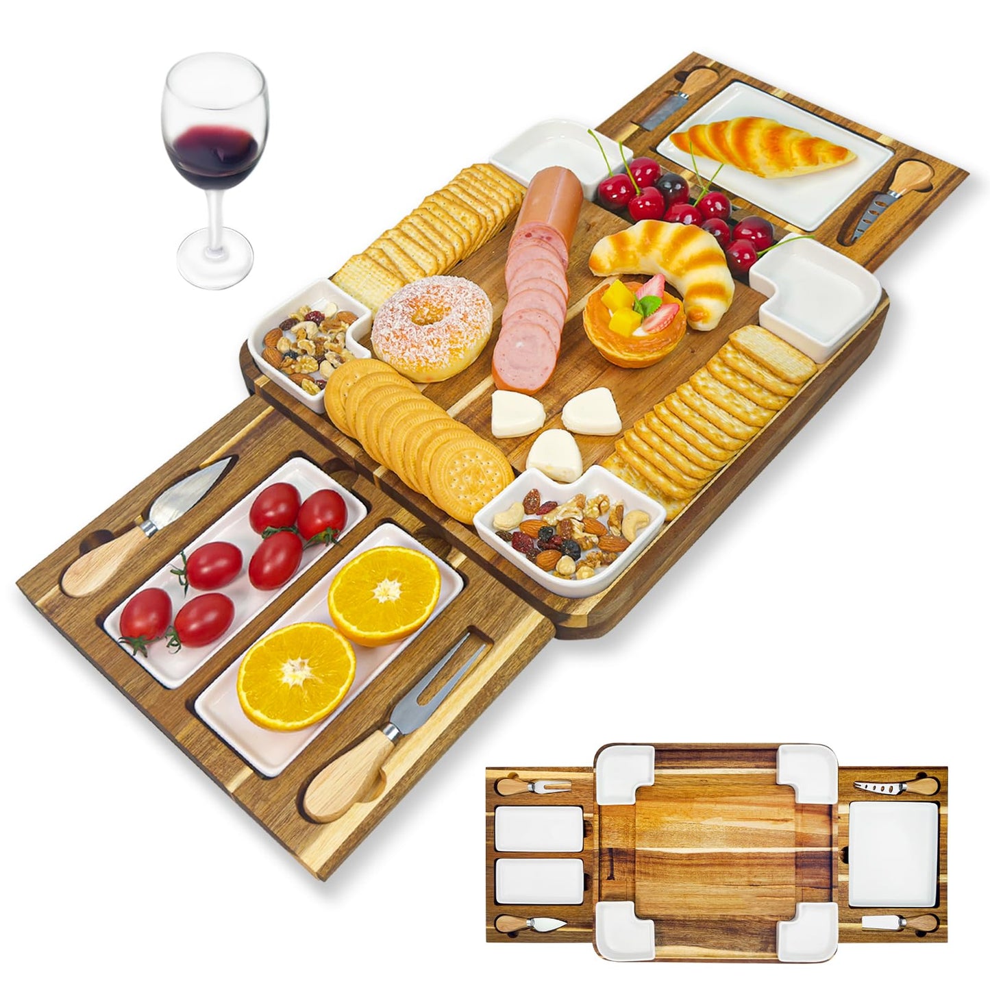 Graceware Charcuterie Board Set(16.5"×15"×2.8") - Premium Wooden Cheese Board with Four Ceramic Bowls and Charcuterie Boards Accessories for Bridal Shower Gifts, Wedding Gifts & Housewarming