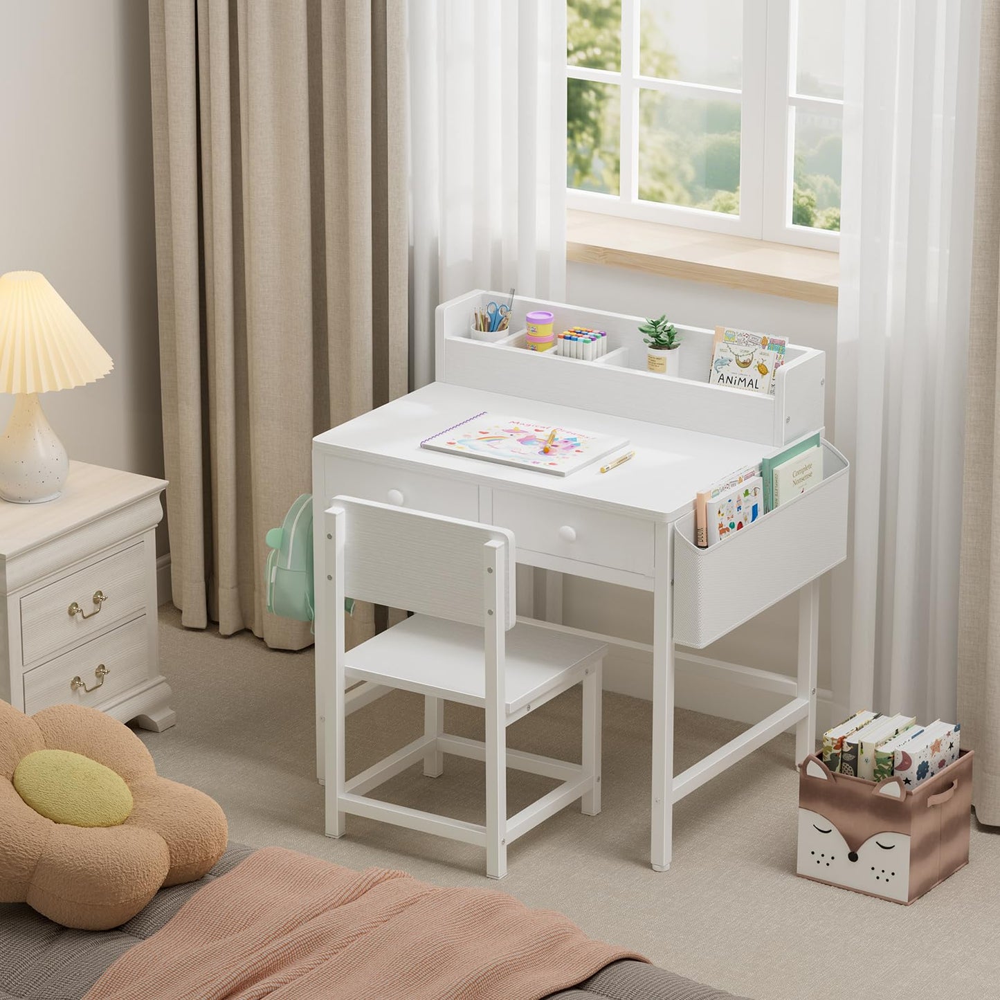 BOLUO White Kids Desk and Chair Set for 5-8 Year Old, Small Child Desk with Fabric Drawer, Children Study Table with Storage Toddler Girls Boys