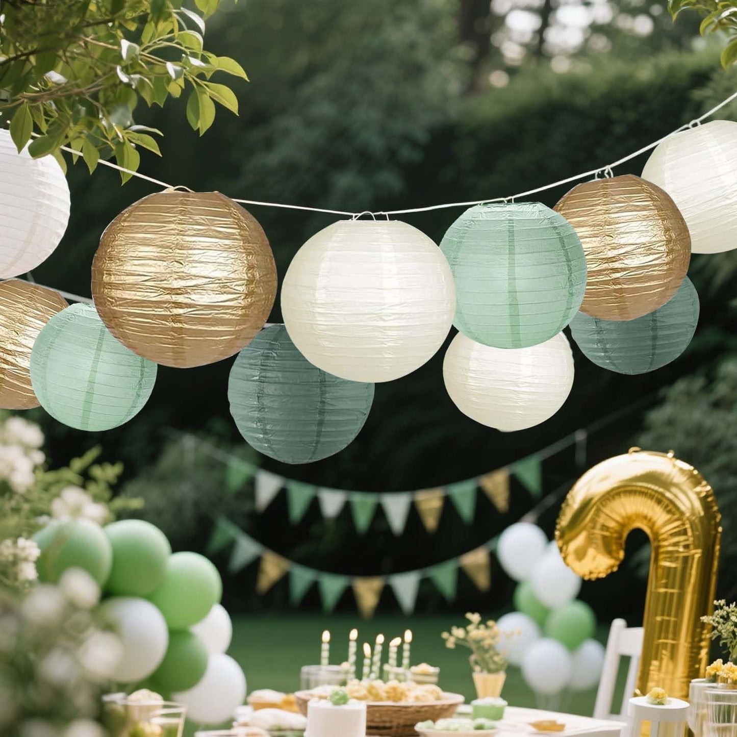 KUNYYI Green White Gold Paper Lanterns, 12Pcs Chiese Lanterns for Birthday Baby Shower Gender Reveal Wedding Party Decoration