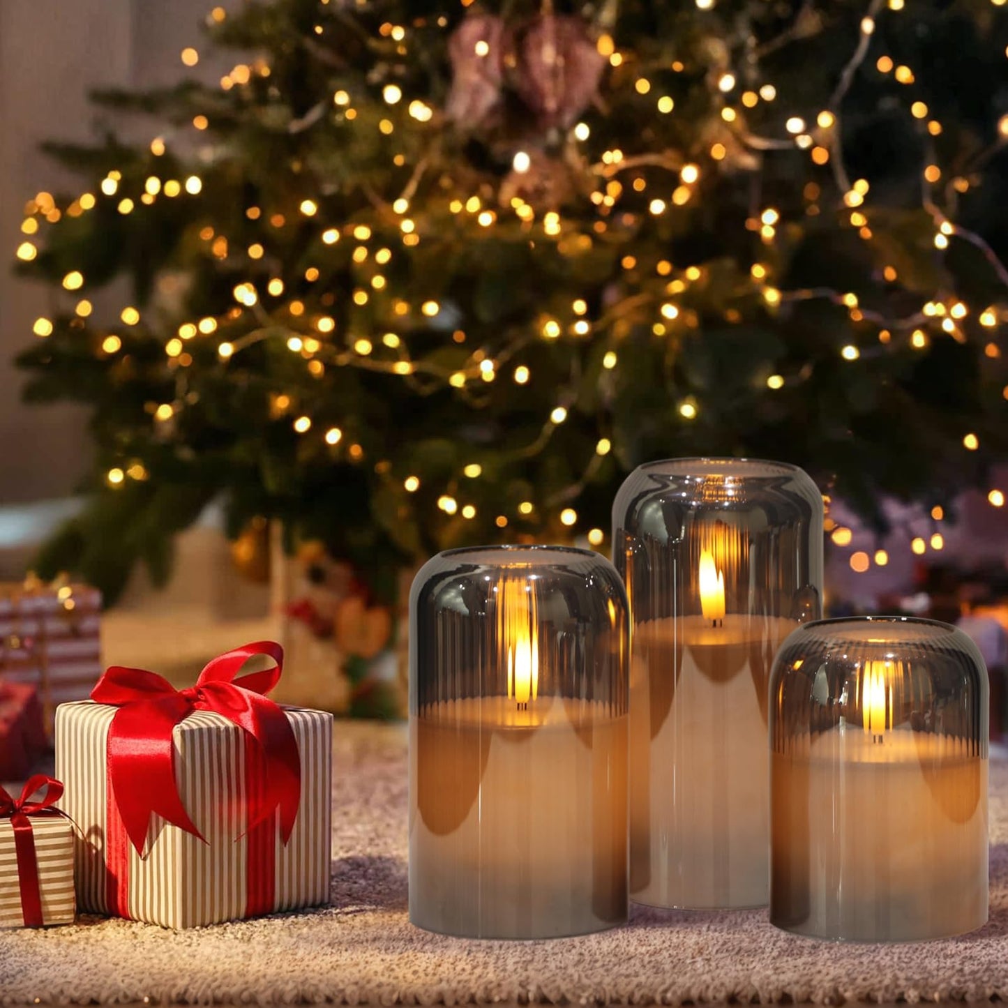 KunSwenn Glass Flameless Candles, Striped Glass Flameless Candles with Remote, Set of 3 Battery Operated Candles with Flickering 3D Wick, LED Pillar Candle for Home Halloween Decor(Grey, D3”xH4”5”6”)