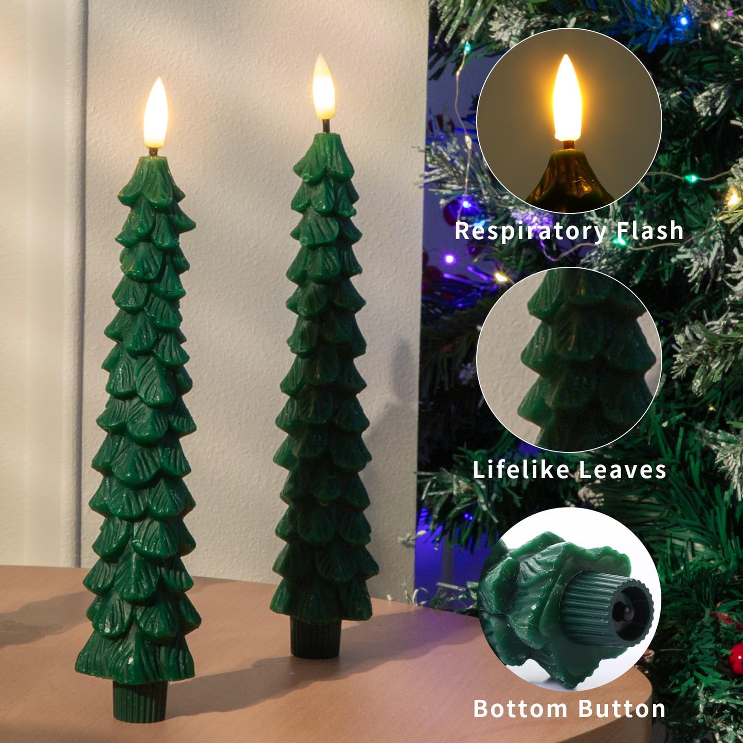 KDVOG 3Pcs Christmas Tree Candles with Remote, Real Wax Flameless Taper Candles,LED Candlesticks Window Candlelights with 3D Flickering Flame for Xmas New Year Home Decorations Gifts 9.7 in