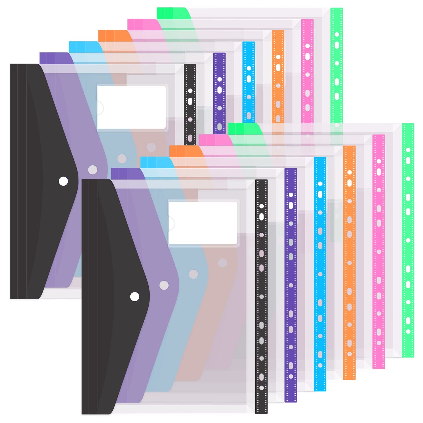 Colorlife Binder Pocket 12 Pack Plastic Envelopes Binder Folders 11 Holes Expandable Binder Folders for 2/3/4 Ring Document Pouch with Snap Button & Label Loose-Leaf Transparent for Office School Home