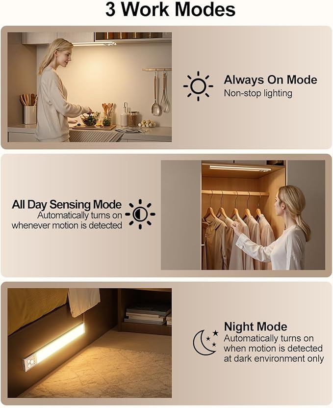 Under Cabinet Lighting, LED Motion Sensor Light Indoor with 3 Color Dimmable, 2000mAh Battery Operated Closet Lights Rechargeable Lamp, Magnetic Under Counter Night Lights Used in Cabinet (12 inches)