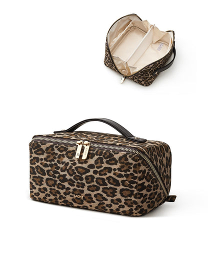 EACHY Travel Makeup Bag for Women, Large Leopard Print Cosmetic Bag with Upgraded Sturdy Zippers, Waterproof Leather Toiletry Organizer Pouch for Skincare Accessories