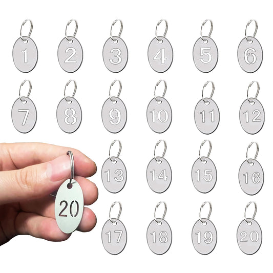 1-20 Key Tags with Labels Stainless Steel Numbered Tags Key Ring Metal Tags Coat Check Tags Key ID Tags Metal Nuber Tags Identifiers Key Label 20 Numbered Keychains for Dormitory Keys (Oval)