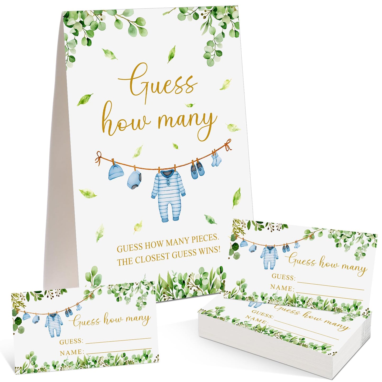 Lerheedi Blue Clothes Guess How Many Baby Shower Game Pack of 1 Tabletop Sign with Stand and 50 How Many Cards, Eucalyptus Gender Reveal Party Game Decorations