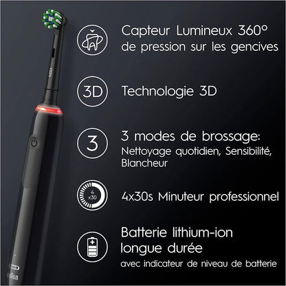 Oral-B PRO 3 3000 Electric Toothbrush/Electric Toothbrush, 2 CrossAction Replacement Brushes, with 3 Cleaning Modes and Visual 360° Pressure Control for Dental Care, Gift Man/Women, Black